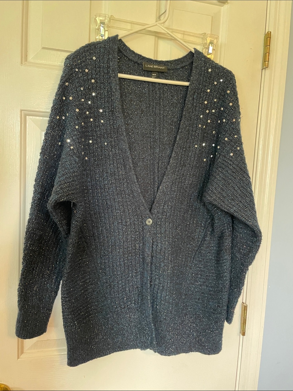 Lane Bryant Dark Navy Sparkle Pearl-Trim Cardigan